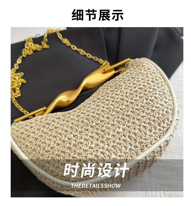 Luxury Metal Handle Clutch Bag Women Exquisite Handmade Rattan Woven crossbody Bag Half-moon Beach Bags Roomy Straw Tote Bag