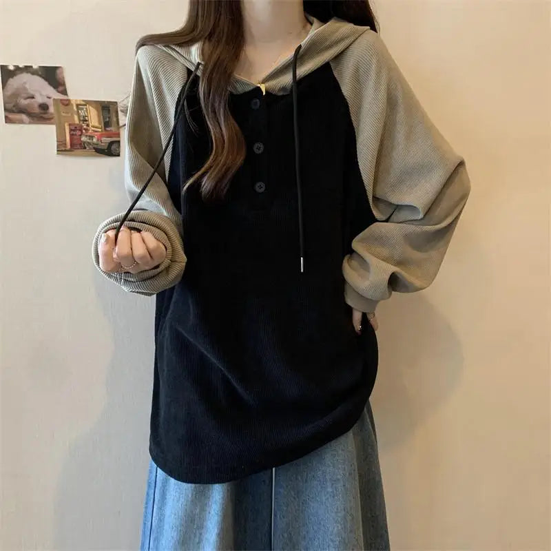 Women Clothing Fashion Casual Long Sleeve Hoodies Spring Autumn Loose Lazy Style Top Tee Office Lady Button Patchwork Pullover