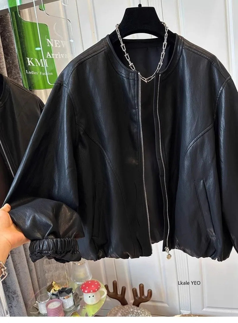Women's Leather Coat 2026 Spring Autumn Comfortable Loose Slim Female Faux PU Outwear Round Neck Zipper Ladies Short Jacket