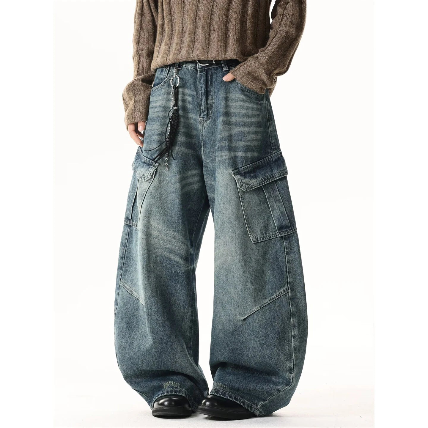 American Style Vintage Washed Large Pocket Knife Jeans Men Loose Straight Cut Workwear Floor-Length Wide Leg Pants