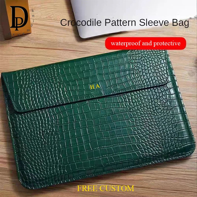 Engrave Name Crocodile Pattern Laptop Sleeve Bag Leather Luxury Waterproof Laptop Bag Fashion Notebook Computer Storage Bags