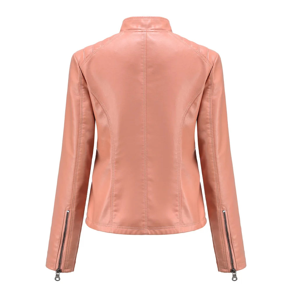 Ladies casual stand-up collar jacket Slim models women's spring and autumn solid color women's leather jacket