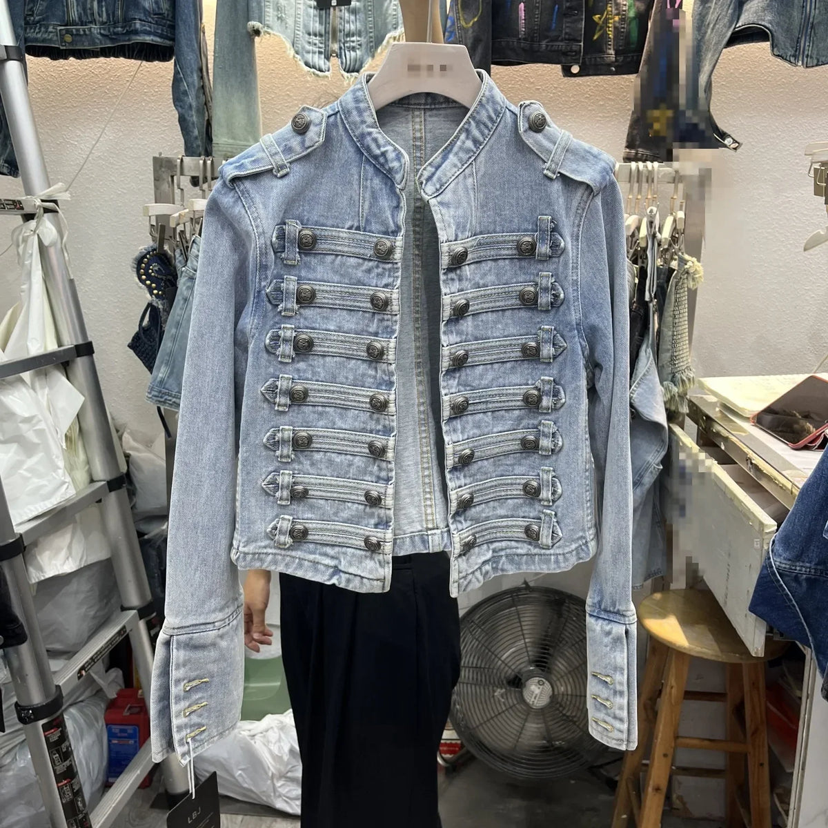 Vintage Denim Military Jacket Women Retro Solid Round Neck Single Breasted Slim Short Jackets 2026 Lady Daily Street Outerwears