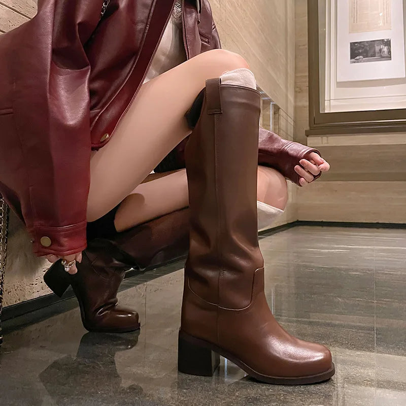 Arden Furtado Autumn Cowhide Knee High Boots Round Toe Pull-On Chunky Heels Riding Boots British Style Large Size Boots