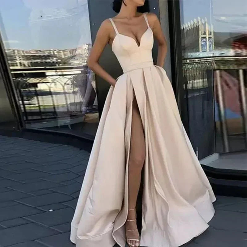 2026 Women's Wedding Party Evening Dresses Solid Elegant Side Slit A-Line Satin Sleeveless Straps Maxi Dress Sexy Banquet Gown