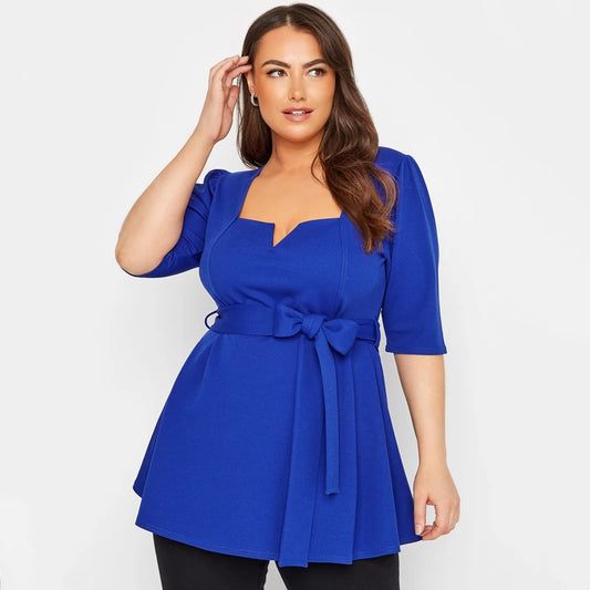 Plus Size Notch Neck Summer Spring Elegant Peplum Top Women Belt Waist 3/4 Length Puff Sleeve Formal Work Office Fashion Blouse