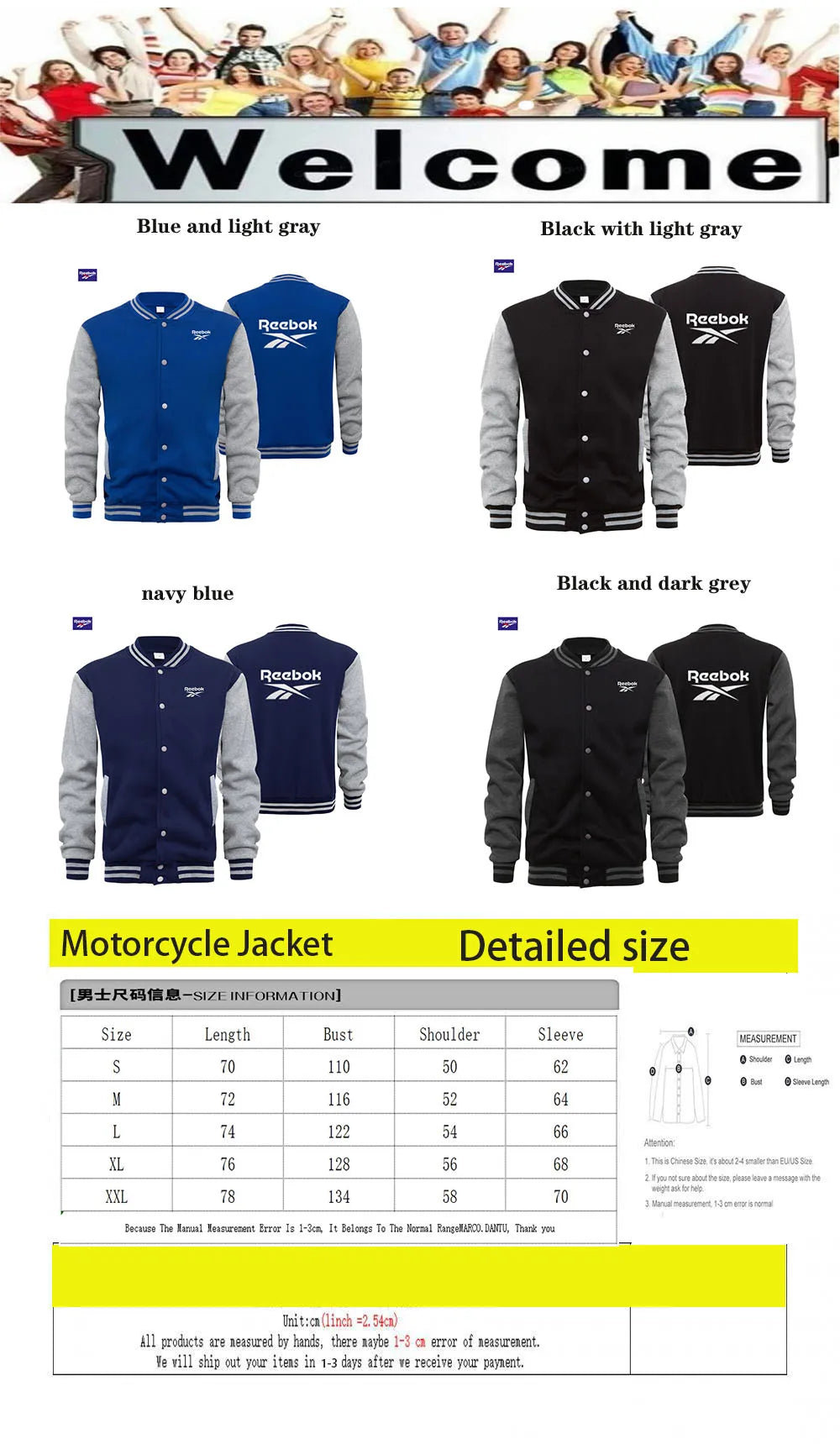 Reebok Men's Sports Baseball Jacket, Suitable for Autumn and Winter Seasons. Korean-Style Fashion, Buttoned Stand-Up Collar Desi