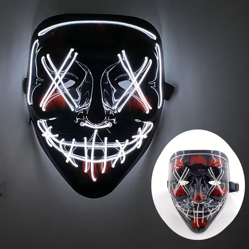 Wireless LED Neon Purge Mask & Fiber Optic Gloves, Scary Glow In Dark Mask for Halloween Carnival Cosplay Bar Birthday Party