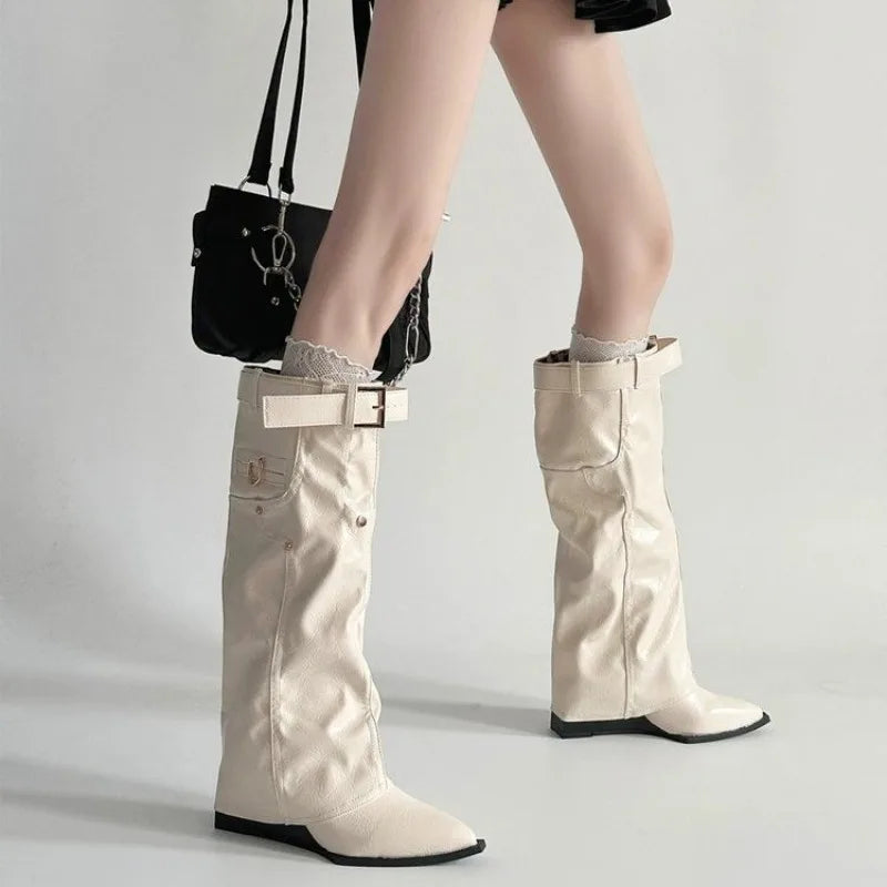 Lace-up Trouser Leg Boots for Women, Pointed Toe, Long Boots with Platform Heels