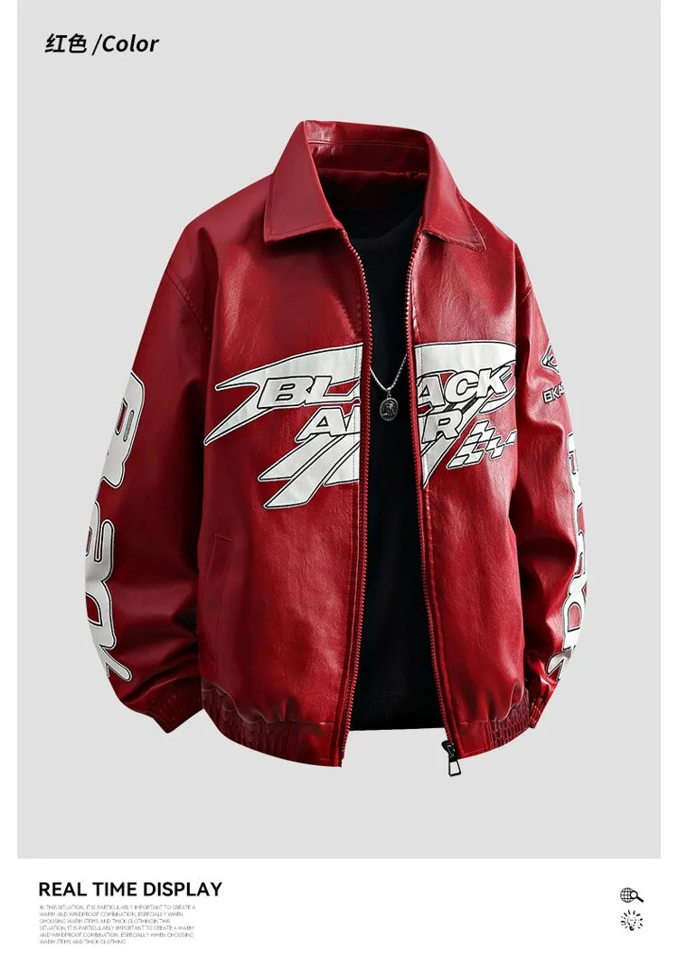 Fashion Leather Jacket Men Motorcycle Biker Jacket Man Original Patchwork Coat Baggy Letter Embroidery Designer Clothes Red