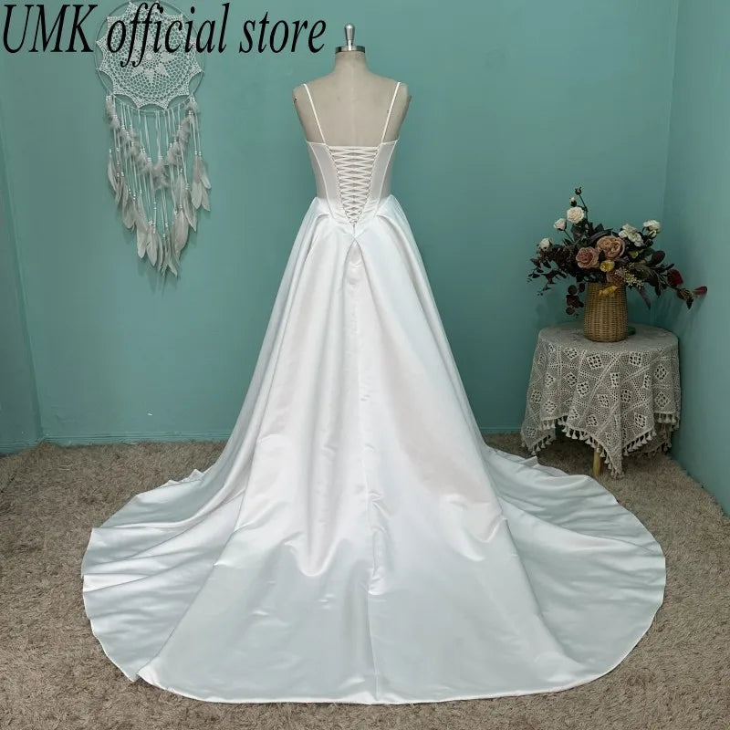 UMK Luxury Satin A Line Wedding Dress Sexy V Neck Sleeveless Spaghetti Straps Modern Bridal Dresses customized