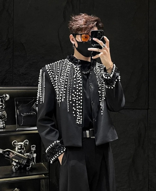 Fashion Men's Jacket Spring Autumn High-End Pearl Niche Personality Design Short Men's Stand Collar Coat