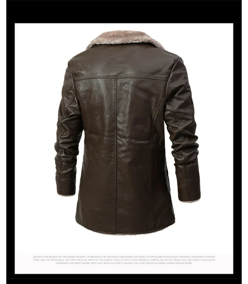 Men's Medium and Long PU Leather Jacket, Business Velvet Lapel Blazer, Single-Breasted Vintage Design Jacket