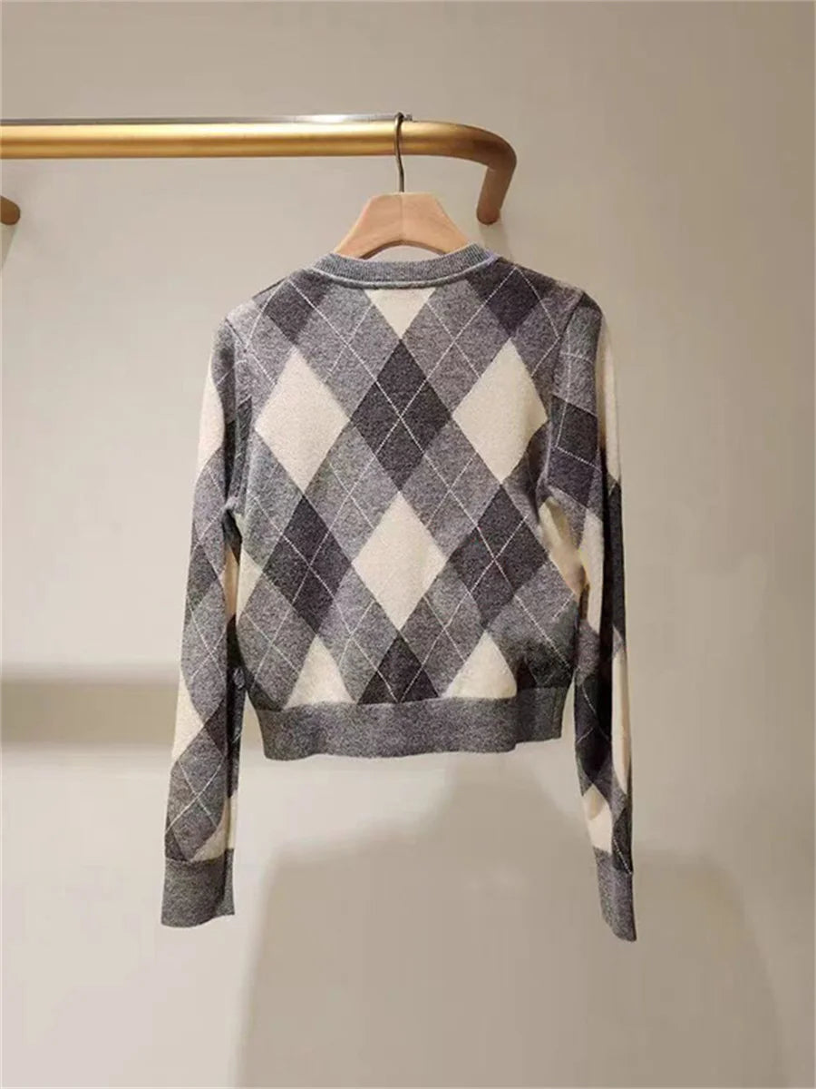 2025 Autumn Women Contrast Color Argyle Sweater Coat O-Neck Single Breasted Long Sleeve Lady Knit Cardigan Top