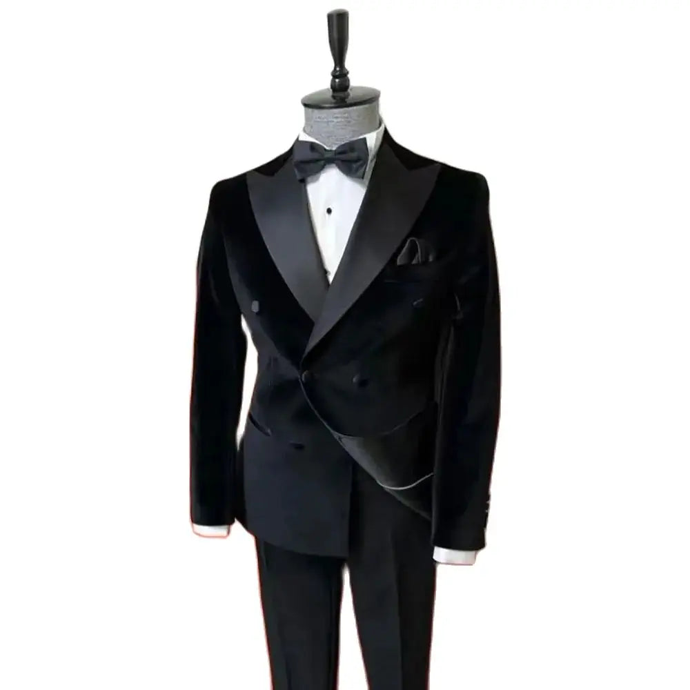 Black Velvet Suits for Men Peak Lapel Formal Wedding Groomsmen 2 Piece Jacket Pants Male Clothing Luxury Costume Homme Terno