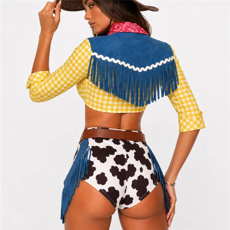 Halloween Women Cowgirl Cosplay Costume Retro Western Plaid Fringe Decor Crop Top Shorts With Bandana Belt Club Party Outfit