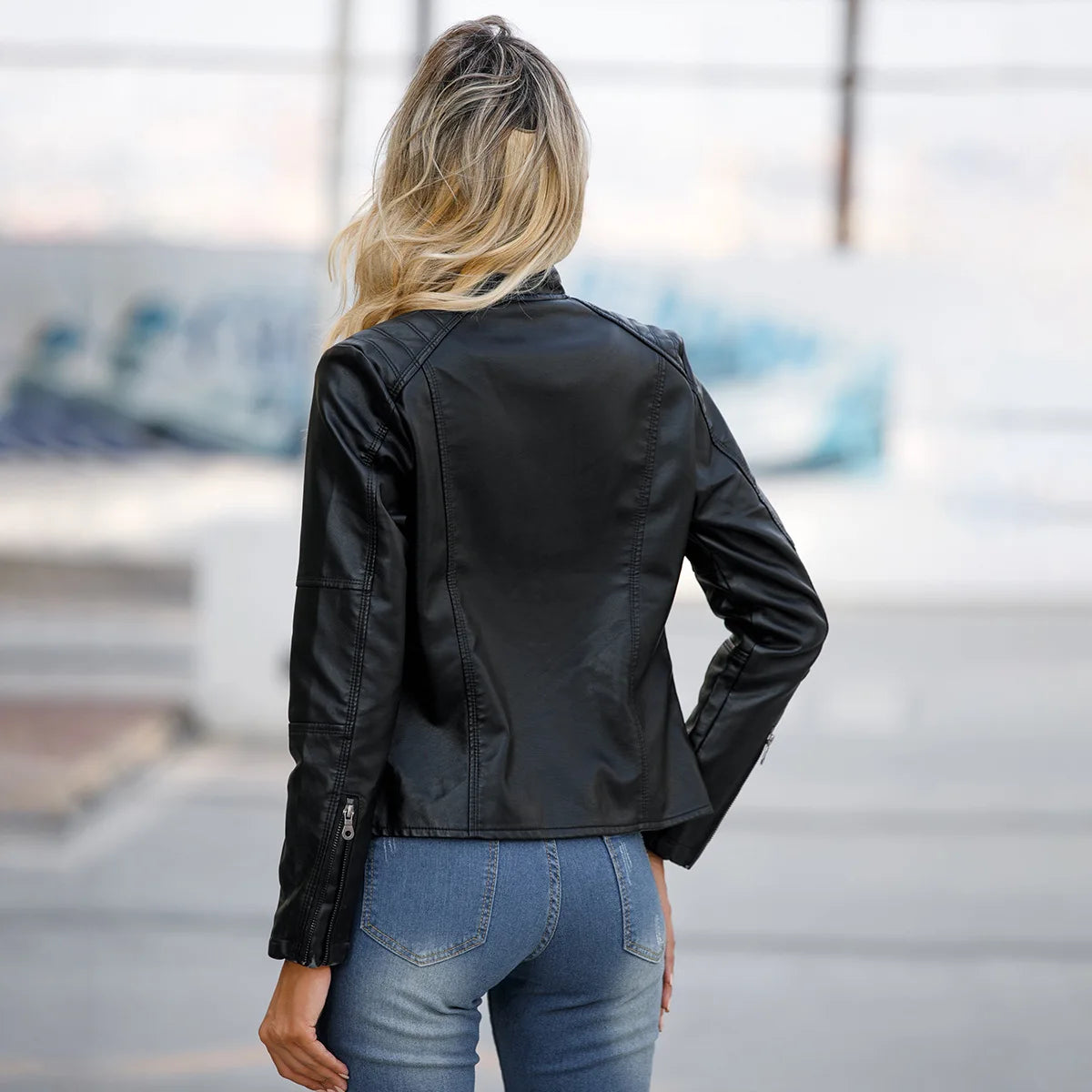 Women's Leather Jacket Women's Slim-Fit Jacket Thin Autumn Jacket Women's Biker Jacket Large Size Standing Collar Leather Jacket