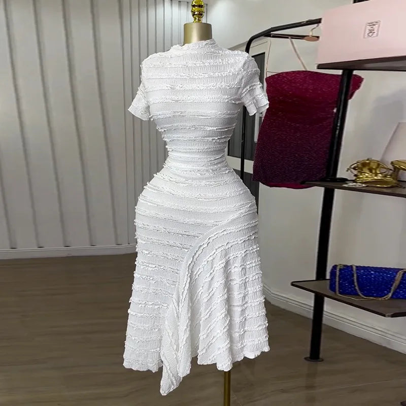 Women Dress Long Dresses Round Neck Vestidos Short Sleeve Party Bodycon High Waist Irregularity Elegant White Wedding Spring