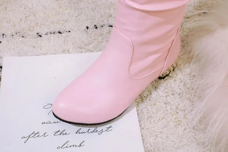 Winter Warm Knee High Boots Women Platform Wedges High Heels Snow Boots Slip on Winter Ladies Shoes White Black Pink 2025