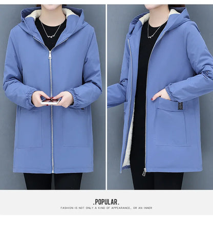 2023 Autumn Winter New Thick Warm Lamb Wool Cotton-padded Coat Women's Mid-length All-fit Loose Hooded Female Blouse