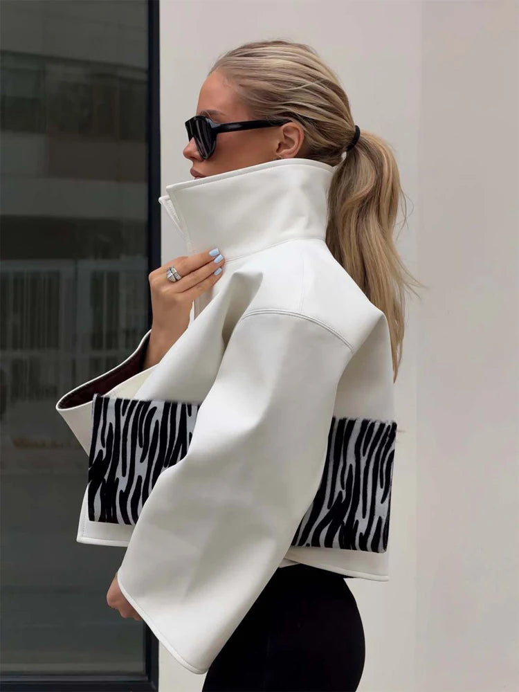 Crocodile Pattern Embossed Short Women Leather Jacket Stand Collar Zipper Long Sleeved Cropped Jackets 2026 Street Daily Outfit