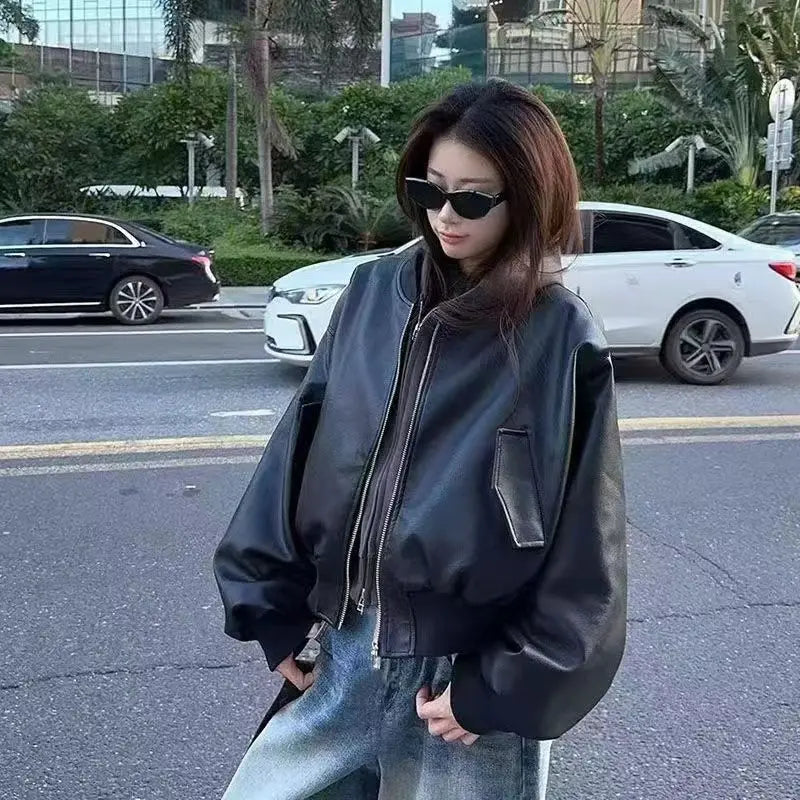 Black Short Baseball Jacket Leather Jacket Women's 2026 Spring New Pu Leather Cool Sa Style Retro Loose Locomotive Clothing