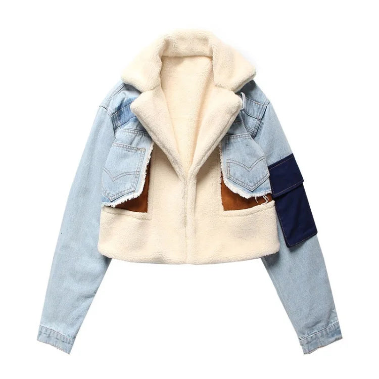 Women Padded Jacket Denim Splicing Jacket Winter New Lamb's Wool Liner Thickened Short Section Biker Jacket Cotton Jacket 2024