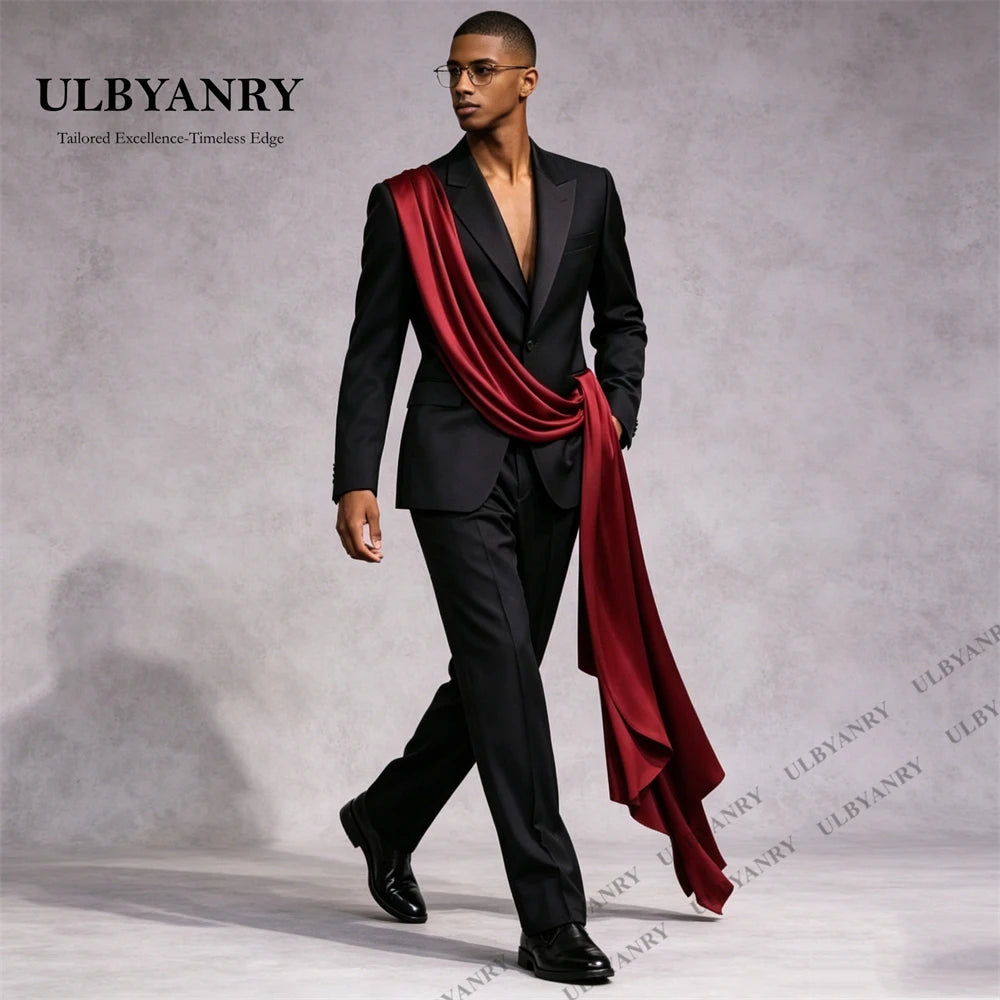 ULBYANRY Customized Satin Ribbon  Men's Black Suit Set, Jacket Pants Formal Events Suit, XXS-7XL Plus Size Tall Big Man Suits