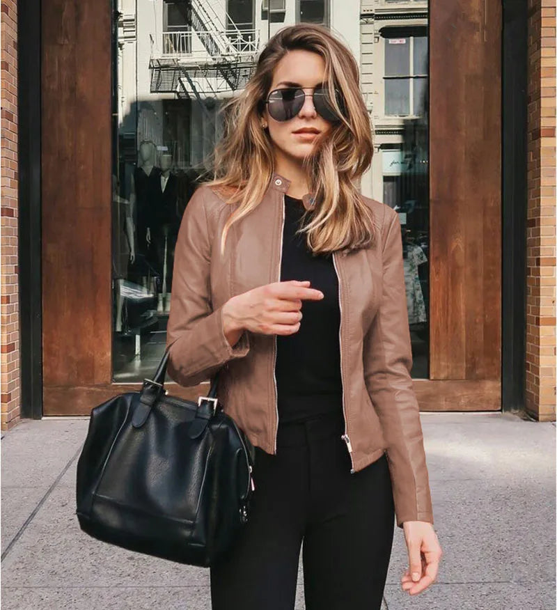 2024 Autumn Winter Women Bike Coat PU Leather Outwear Zipper Outfit Wome Fashion Female Large Size Slim Street Jacket Coat