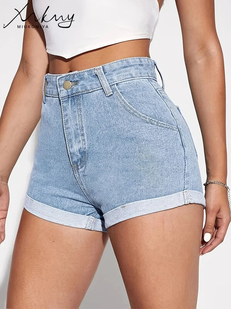 MiuKoMiYa Blue Jeans Shorts Women Summer 2025 Straight Denim Pants Ladies Short Jeans Feminino Women's Denim Shorts High Waisted