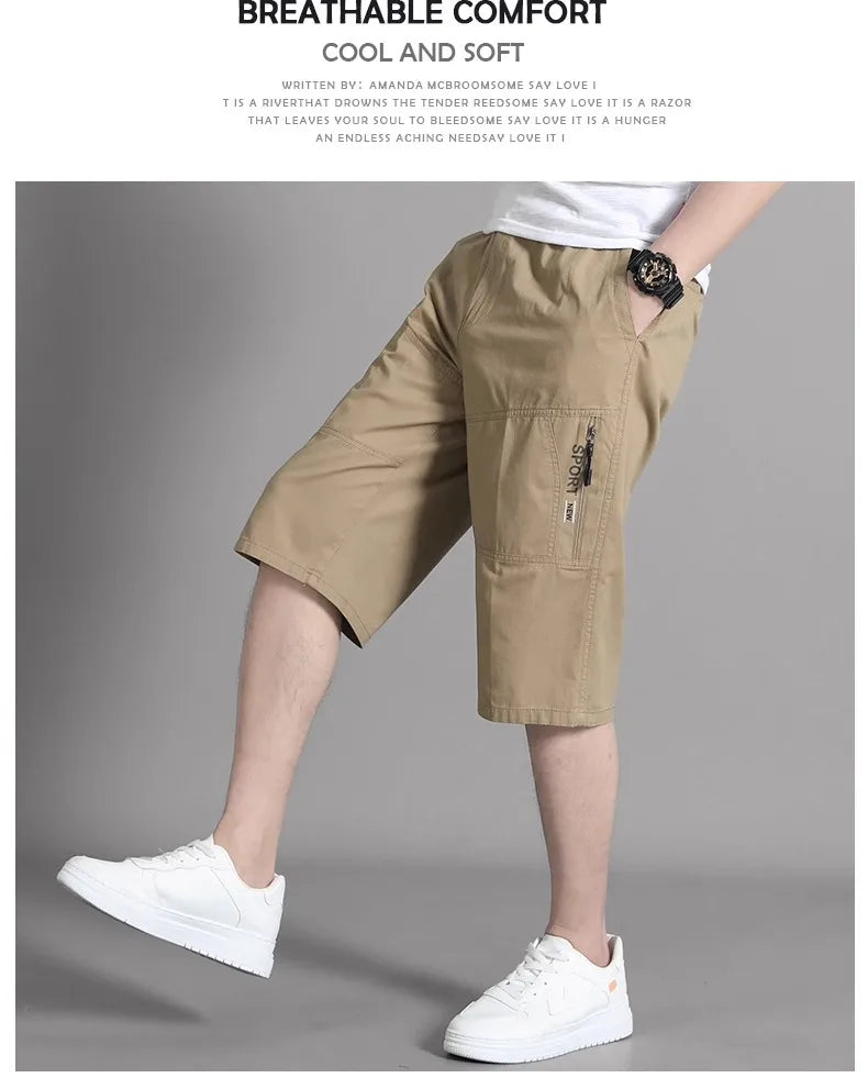Zipper Pocket Workwear Shorts Mens Knee Cargo Pants 2026 Summer Cotton Shorts Men Climbing Jogger Elastic Waist Sports Work Wear