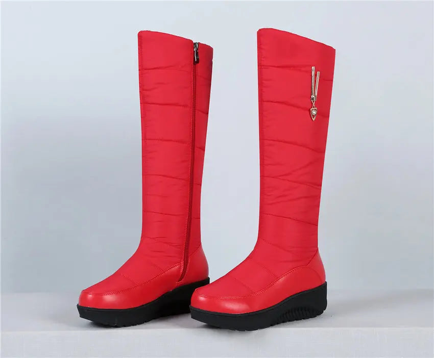 Women Warm Fur Mid-calf Snow Boots Round Toe Red Black Down Crystal Dec Party Travel Lady Wedge Platform Winter Plush Half Boots