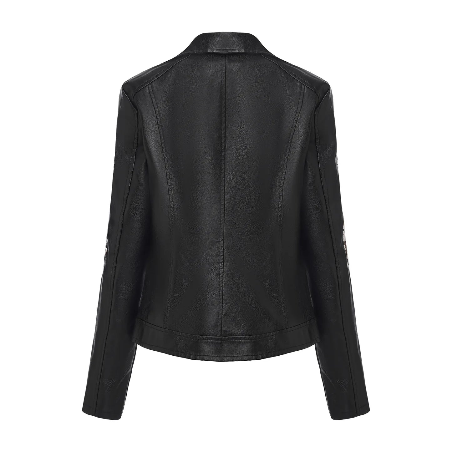 Women's Black Embroidered PU Jacket, Street-Style Brown Faux Leather Coat, Fashionable Beige Long Sleeves Top. 2026 New