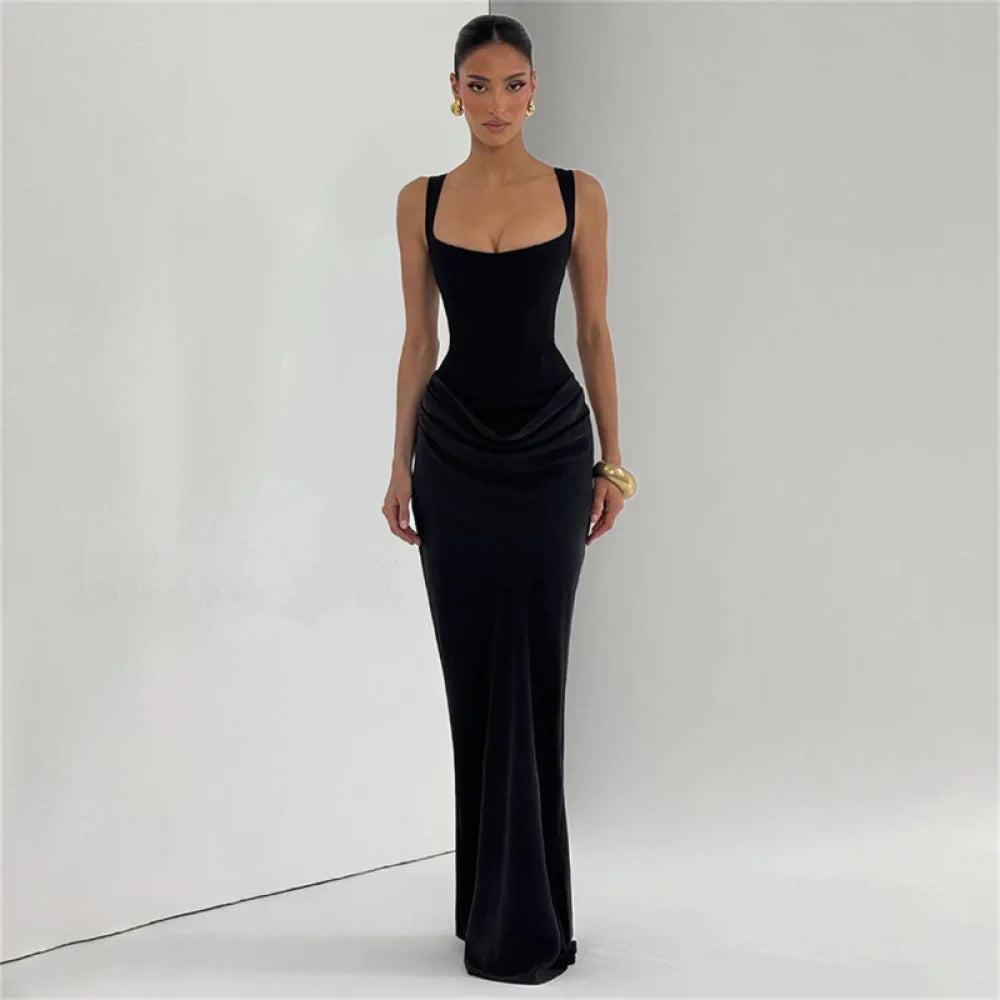 Ladies' formal square neck sleeveless waist cinching design with pleated fish tail long skirt for dinner party slimming dress