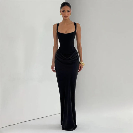 Ladies' formal square neck sleeveless waist cinching design with pleated fish tail long skirt for dinner party slimming dress