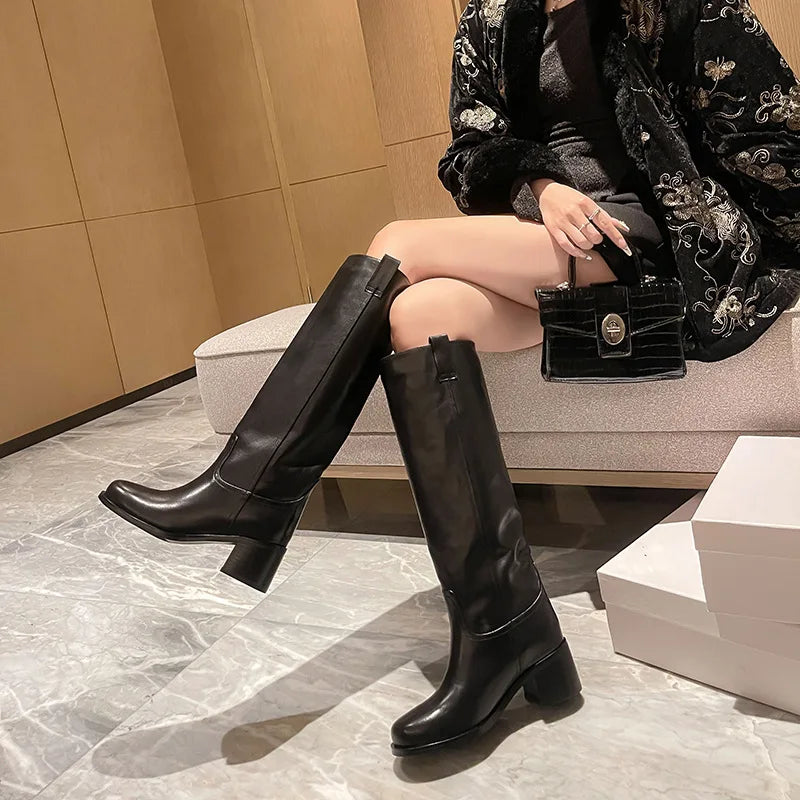 Arden Furtado Autumn Cowhide Knee High Boots Round Toe Pull-On Chunky Heels Riding Boots British Style Large Size Boots