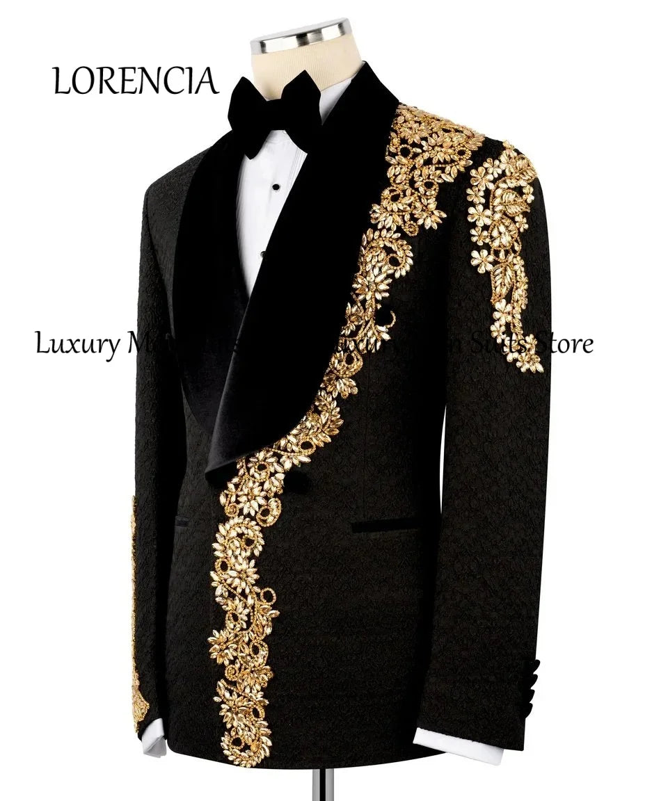 Exquisite Crystal Men's Suits 2 Pieces Rhinestone Groom Tuxedos Set Evening Party Outfits Customized Blazer Pants fatos de homem