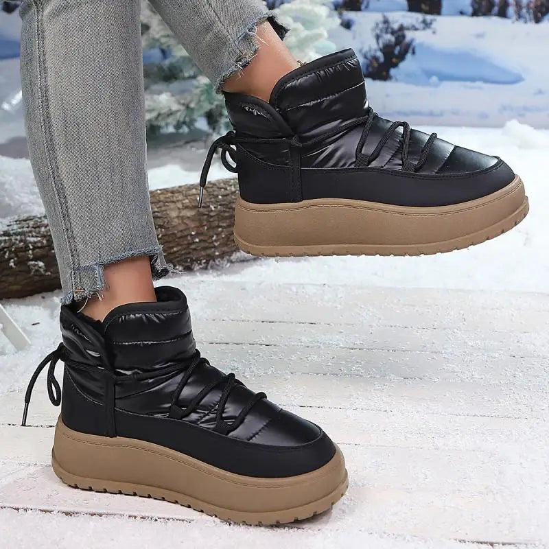 Comfort Platform Waterproof Snow Boots Women 2026 Winter Lace Up Decoration Thick Bottom Moon Boots Women Plush Short Booties