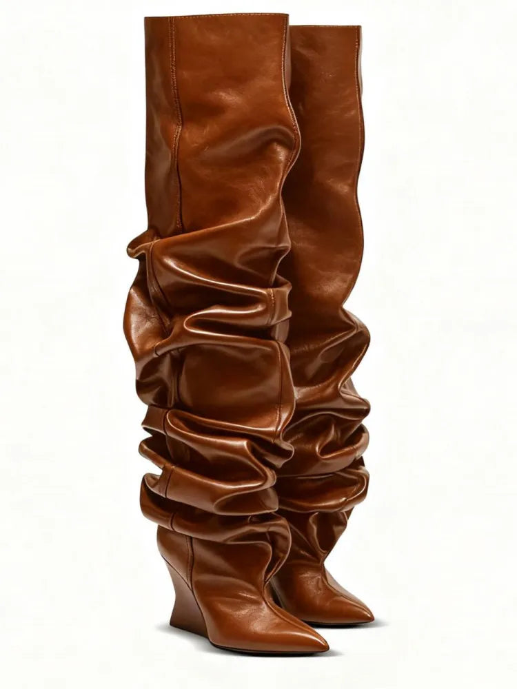 Women's Fashion Pointed Thick Soled Pleated Short Boots, Autumn and Winter Thick Heeled Long Boots, Sexy Runway Women's Boots