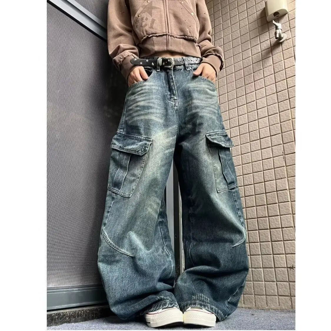 American High Street Multi Pocket Knife Jeans Loose Design Wide Leg Pants for Men And Women Autumn Winter Trendy Casual Jeans