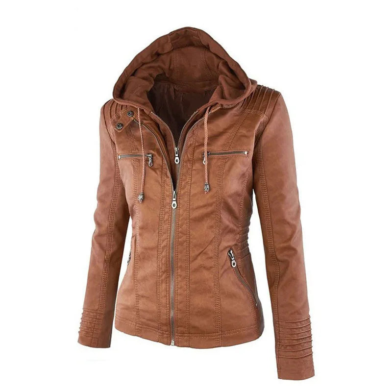 Faux Leather Jacket for Women, Female Winter Coat, Motorcycle Jacket, Faux Suede, PU Zipper Hoodies, Outerwear