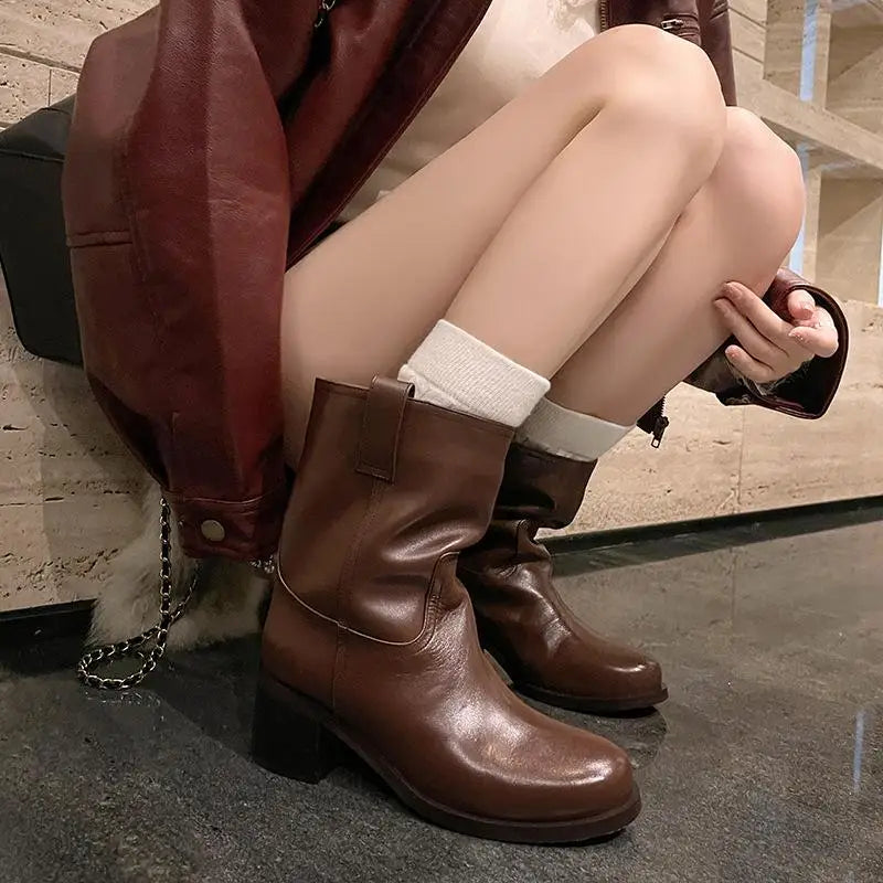 Arden Furtado Autumn Cowhide Knee High Boots Round Toe Pull-On Chunky Heels Riding Boots British Style Large Size Boots