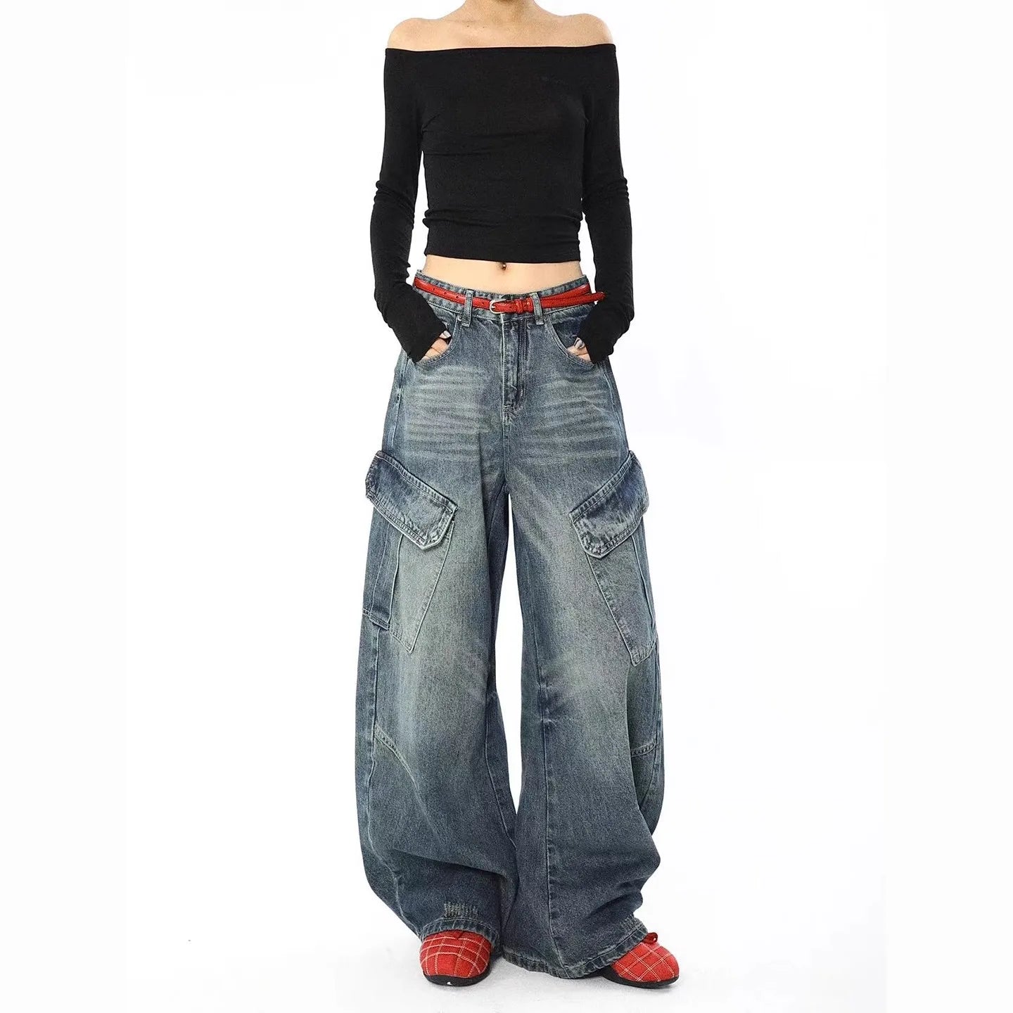 Retro American Straight Leg Loose Fit Wide Leg Workwear Jeans Men's Women's Knife Design Multi-Pocket Casual Loose Drapey