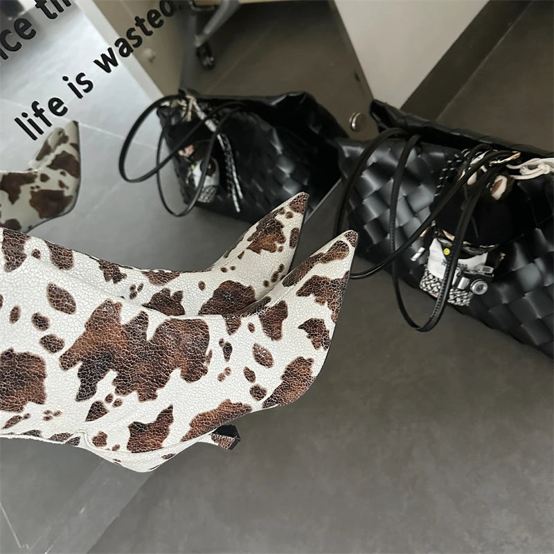 ZAROY Stiletto Heel Knee High Boots Brand Designer Brown Cow Print Pointed Toe Zipper Runway Banquet Dress High Botas сапоги