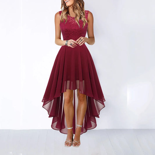 Sexy Lace Trim Chiffon Midi Dress Women's Party Dress Evening Dress Formal Dress Flared Hem Wedding Guest Dress Flowy A-line