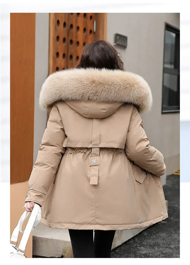 Winter Coat Low Price On Sale Women Beige Add Wool Thick Warmth Fur Hooded Parkas Jacket 2026 New Fashion Belt Slim Cotton Coat