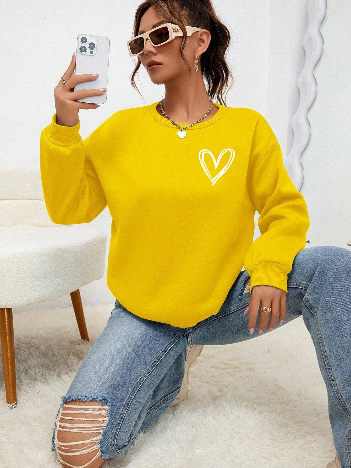 Simple Heart Pattern Printing Sweatshirts For Womens Casual Comfortable Crewneck Hoodies Loose Fleece Warm Sportswear Clothes