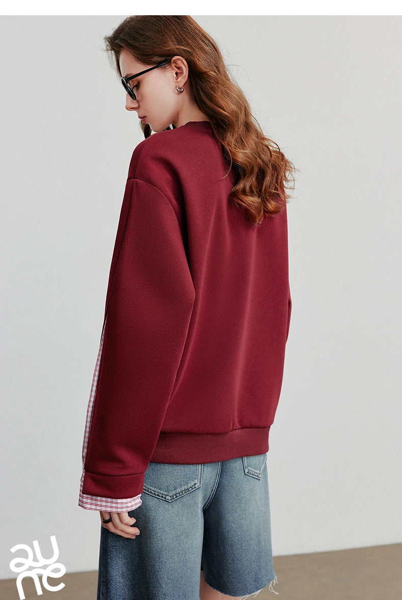 TOYOUTH Women Hoodies Sweatshirt 2025 Autumn New Patchwork Design Round Neck Long Sleeve Pullover Casual Tops