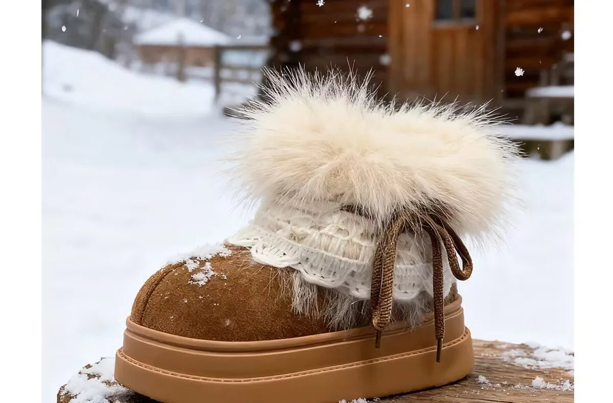 Korean Style Lace Snow Boots 2025 Winter Plush Warm Short Boots Girls Sweet Thick Bottom Casual Boots Students Cotton Shoes