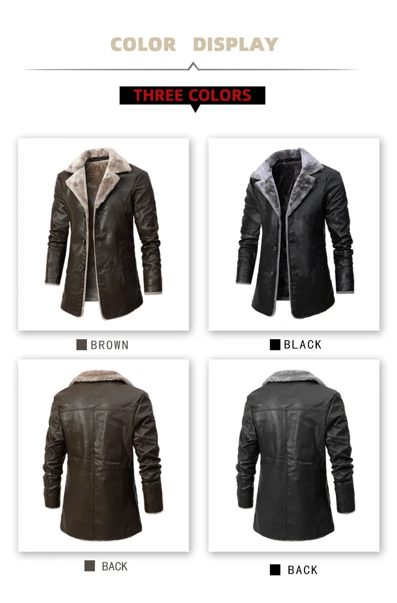 Men's Medium and Long PU Leather Jacket, Business Velvet Lapel Blazer, Single-Breasted Vintage Design Jacket